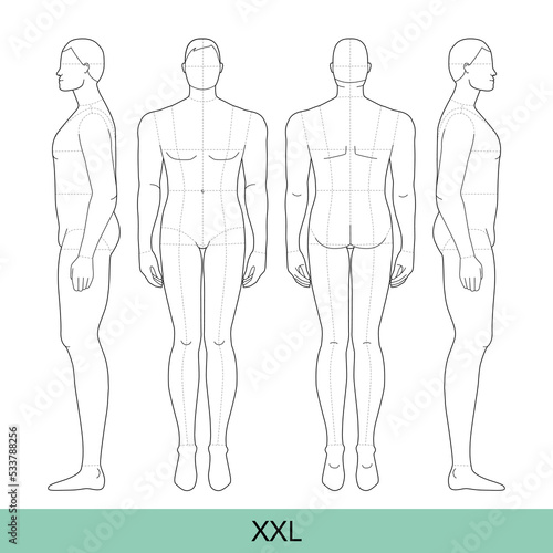 Set of XXL Size Men Fashion template 9 nine head size with main line Croquis extra large plus size figure front, side, back view. Vector outline boy for Fashion Design, Illustration, technical drawing