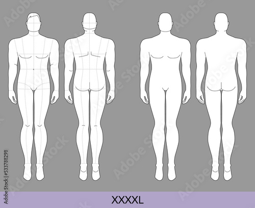 Set of XXXXL Men Fashion template extra large 9 head size Croquis plus size Gentlemen model Curvy body figure front, back view. Vector outline boy for Fashion Design, Illustration, technical drawing