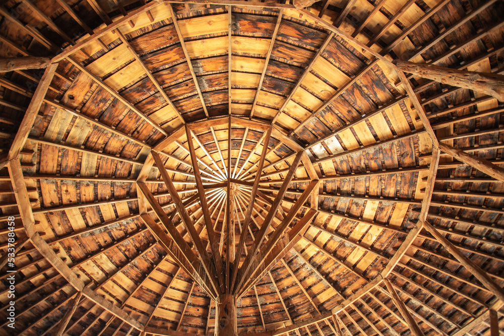 the roof support system to the historic Peter French round barn, a popular tourist attraction near Frenchglen, Oregon