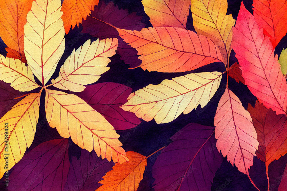 Autumn background with colorful watercolor leaves. Leaf fall. Japanese maple leaf. illustration