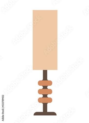Element of home furniture. Sticker with small table lamp on wooden leg. Stylish decor item. Design element for designing interiors. Cartoon flat vector illustration isolated on white background