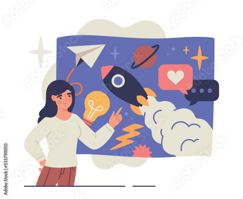 Concept of storytelling. Young girl shares ideas, public speaking, presentation. Creative personality, boss sets goals and motivates employees, sharing experiences. Cartoon flat vector illustration