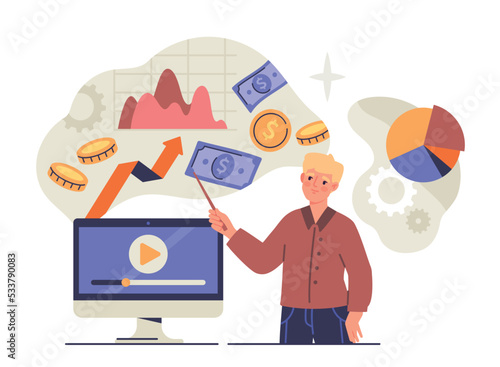 Concept of storytelling. Man shows statistics and explains how to increase income. Successful entrepreneur or investor. Public speaking, speaker and analyst. Cartoon flat vector illustration