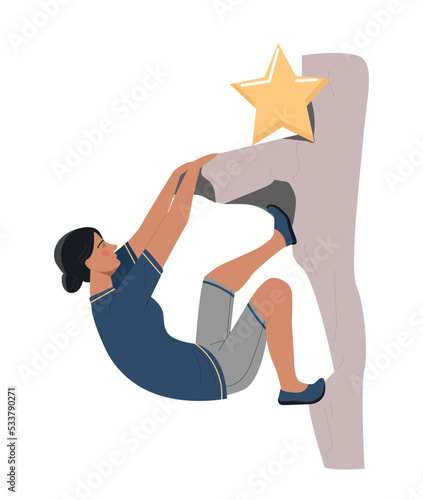 Woman with star. Young girl climbs rock to receive rewards. Hardworking and successful entrepreneur or employee. Motivation and leadership. Poster or banner for site. Cartoon flat vector illustration