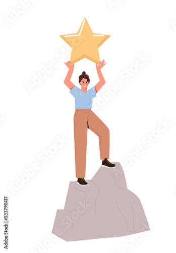 Woman with star. Girl stands with large award in hand on stone. Climber and athlete, Award for winner in competition. Selfdevelopment and motivation, goal setting. Cartoon flat vector illustration