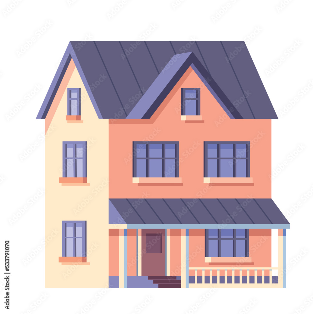 Street landscape icon. Beige three story house with black roof. Luxurious building, urban architecture and modern style. Real estate, exterior. Poster or banner. Cartoon flat vector illustration