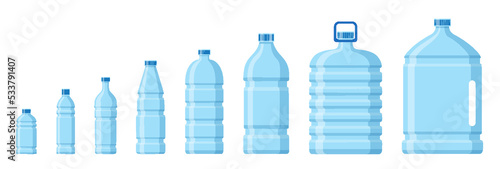 Plastic water bottles set. Various shapes clear mock up container for liquid product. Realistic aqua blue recycling pure packaging flask isolated on white background. Beverage clean glass jar