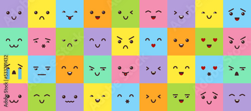Emotion colorfull cartoon style square big flat set. Children emoji icon. Face cheerful color. Abstract person head cute symbol. Message character smile collection. Emoticon expression sign