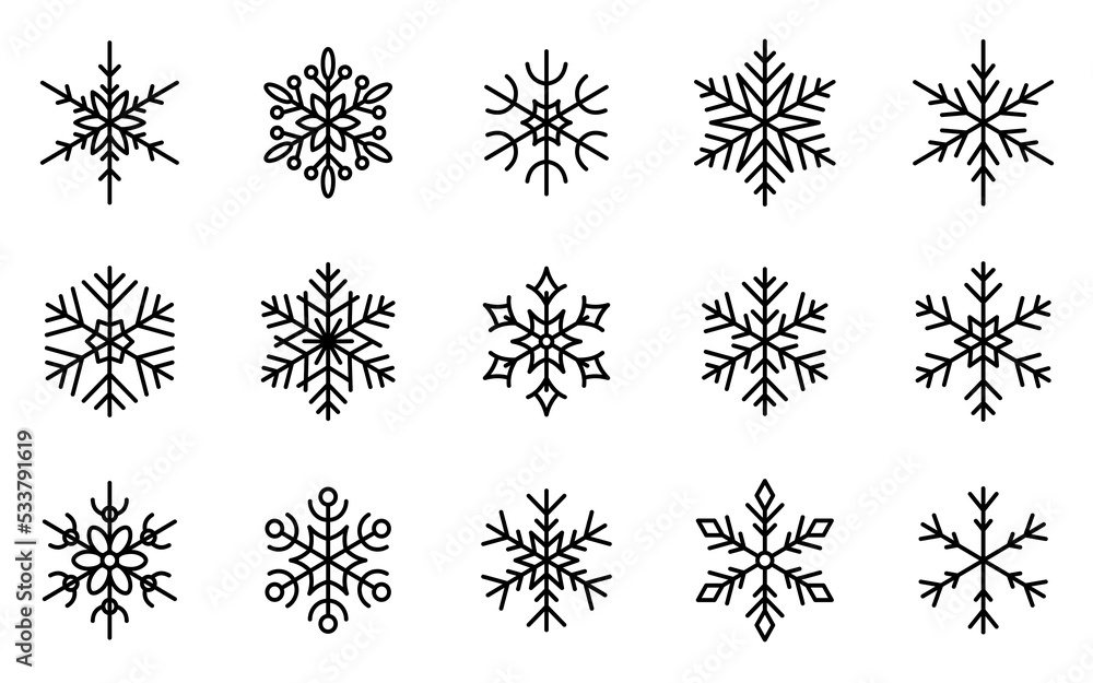 Snowflake black xmas outline isolated icon set. Christmas beautiful ornament. Holiday decoration linear symbol. Frost december element sign. Winter illustration geometric crystal flat pictogram Snowflake black xmas outline isolated icon set. Christmas beautiful ornament. Holiday decoration linear symbol. Frost december element sign. Winter illustration geometric crystal flat pictogram