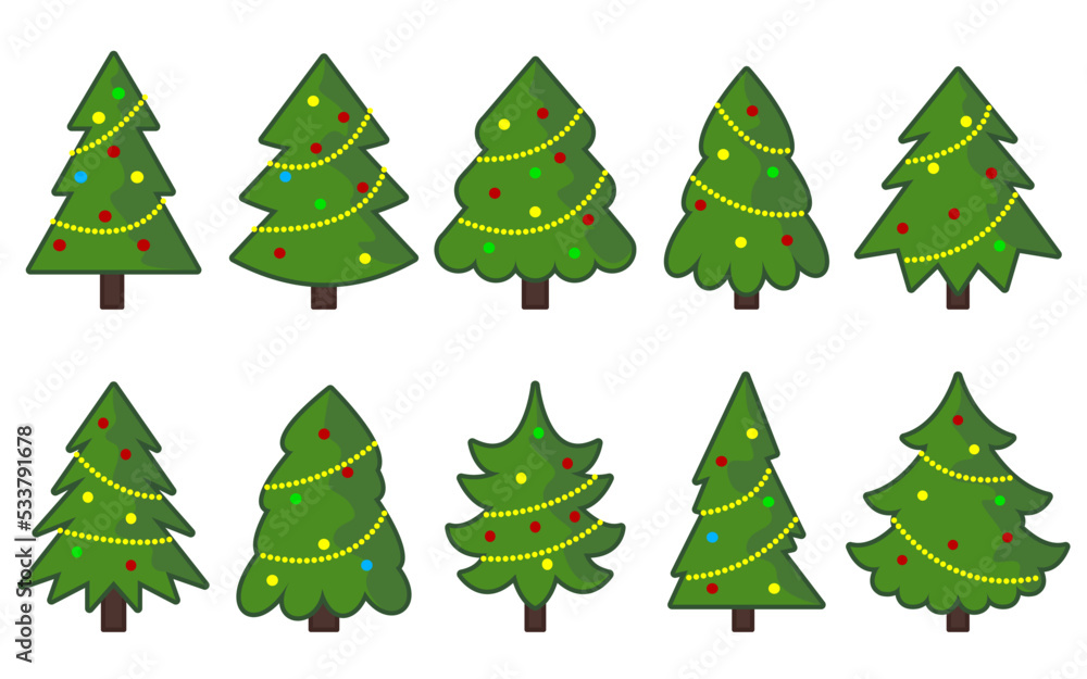 Christmas tree decorated by balls and gold garland. Green pine fir spruce Happy New Year merry xmas flat cartoon set isolated on white. Winter holiday traditional greeting card poster ornate decor