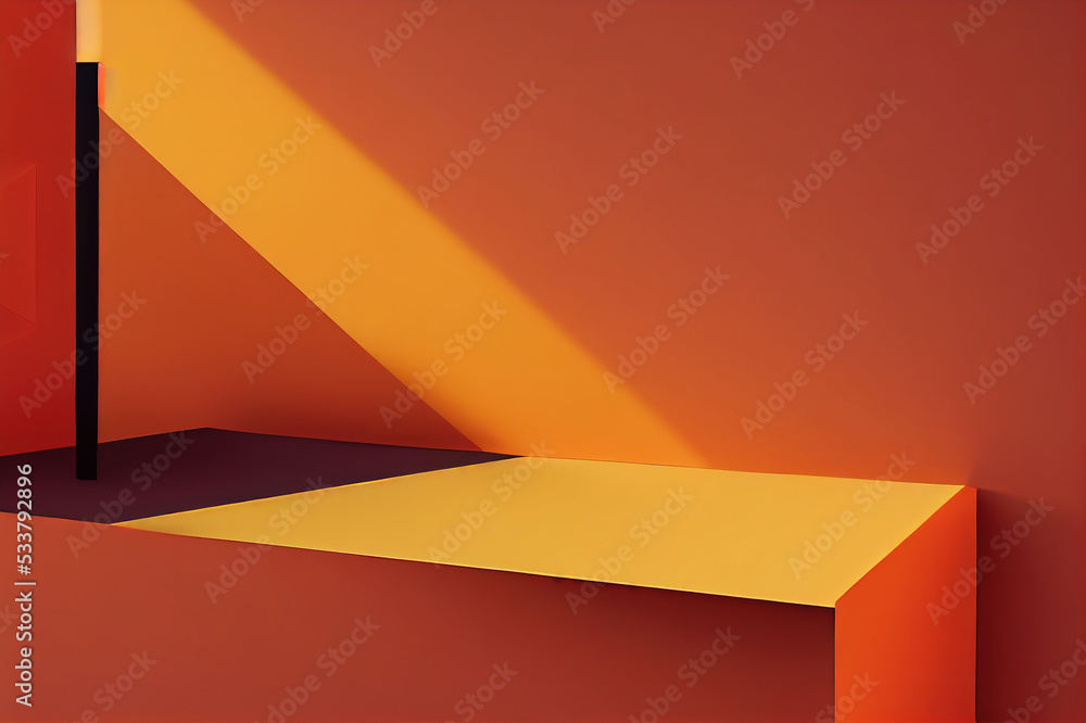 Obraz premium 3D pedestal podium, orange background with palm tree leaves shadow. Summer holiday beauty, cosmetics, product platform display mockup. Natural 3D render Halloween, autumn minimal trendy illustration.