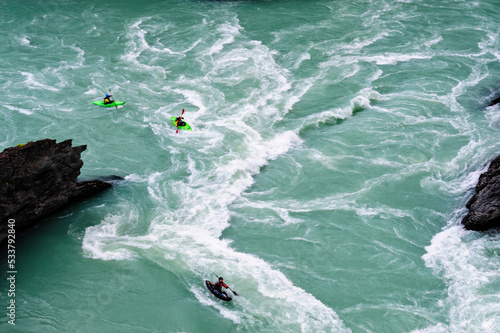 Chile, Aysen. Whitewater kayakers on Baker River.
