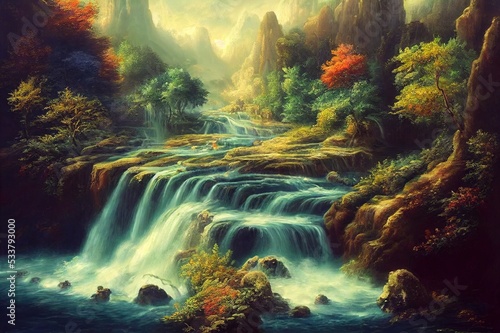3D painting of a beautiful scenic view from an enchanted garden by a waterfall and river.