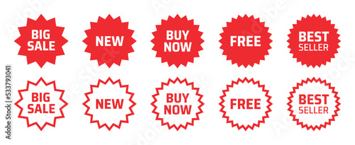 Set of red sale icon label. New, buy now, free, best seller badge symbol. Vector illustration.
