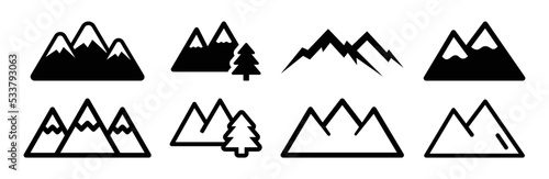 Mountain icon set in black design. Hill and forest symbol vector illustration.
