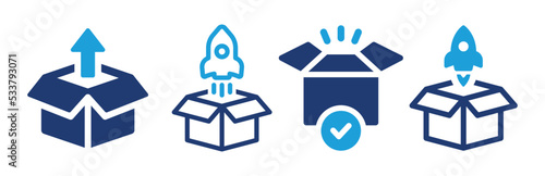 Product release icon set. Spaceship launching from box symbol vector illustration.
