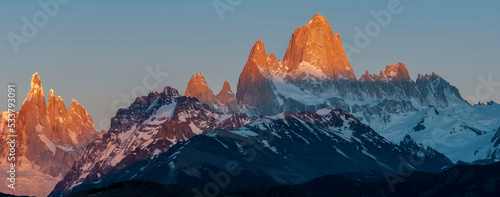 Fototapeta Naklejka Na Ścianę i Meble -  Patagonia, panorama of Cerro Fitzroy, Cerro Torre and Poincenot at sunrise, Los Glaciares National Park