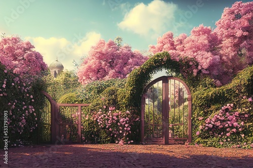 3D render illustration of an magical old gate with ivy and flowers leading to an enchanting garden