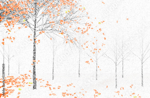A tree with autumn colored leaves is seen in an early snowfall in this 3-d illustration.
