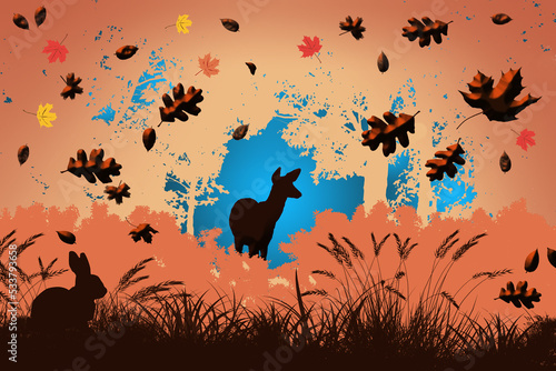 A deer and a rabbit are seen ib a misty forest setting with falling autumn leaves. This is a 3-d illustration.