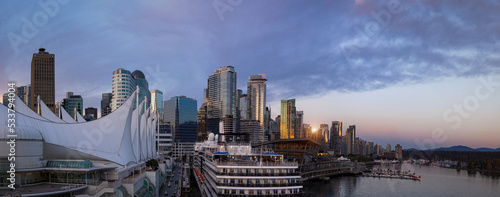 Panoramic view of Vancouver downtown Coal Harbor Marina and cruise ship terminals in Canada Place. photo