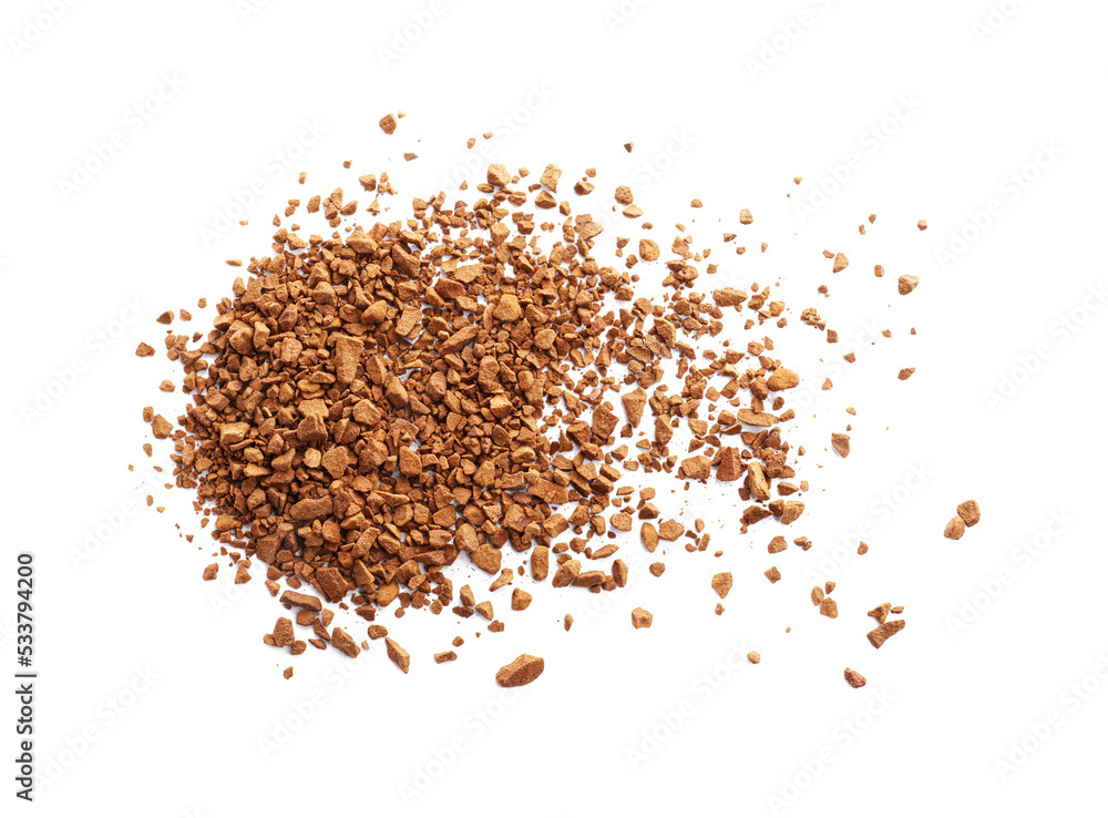 Heap of aromatic instant coffee isolated on white, top view Heap of aromatic instant coffee isolated on white, top view