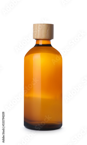 Bottle of essential oil isolated on white