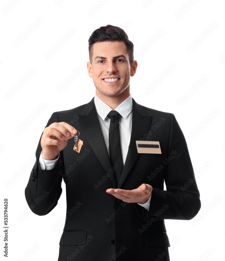 Happy receptionist in uniform holding key on white background Happy receptionist in uniform holding key on white background