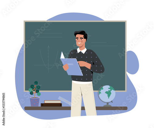 Man teacher at classroom. Guy standing with book in front of blackboard. Education, first of September. Poster or banner. Lecture at university or lesson at school. Cartoon flat vector illustration