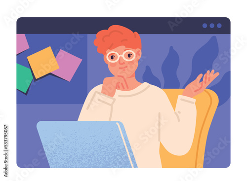 Team communication concept. Man with glasses sits next to computer. Employee achieves goals. Freelancer or remote worker. Modern technologies and digital world. Cartoon flat vector illustration