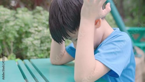 Close up of Asian autistic student child sit face down, bang and slap head with hands due to stress, anxiety and frustration. Autism stimming behavior for World Autism spectrum awareness concept