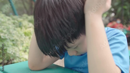Close up of Asian autistic student child sit face down, bang and slap head with hands due to stress, anxiety and frustration. Autism stimming behavior for World Autism spectrum awareness concept