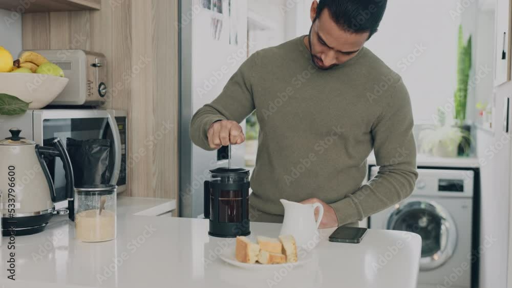 Coffee press, morning breakfast and man in house kitchen prepare strong cup of fresh plunger caffeine. Relax guy start home day with food, drinking black espresso and french press beverage to enjoy Coffee press, morning breakfast and man in house kitchen prepare strong cup of fresh plunger caffeine. Relax guy start home day with food, drinking black espresso and french press beverage to enjoy