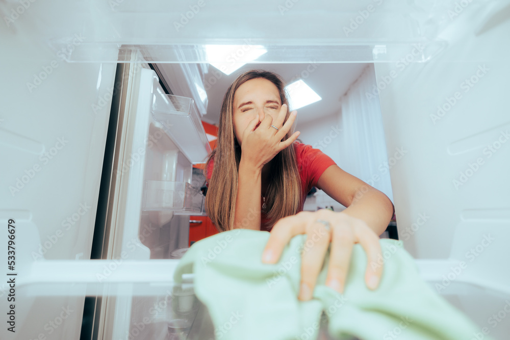 Unhappy Woman Cleaning Stinky Dirty Fridge with a Cloth. Housewife trying to get the rotten spoiled odor out of the freezer
 - obrazy, fototapety, plakaty 