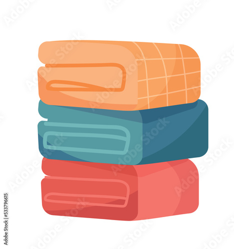 Fabric bath towels. Stack of folded terry bathtub for drying body after shower. Soft textile. Design element for product packaging. Cartoon flat vector illustration isolated on white background