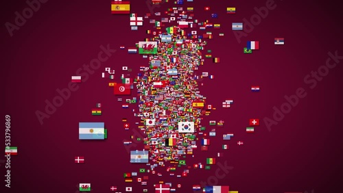 Qatar's country map is filled with different country flags. The map reveals animation on maroon isolated background. Graphics resource. 4k video.