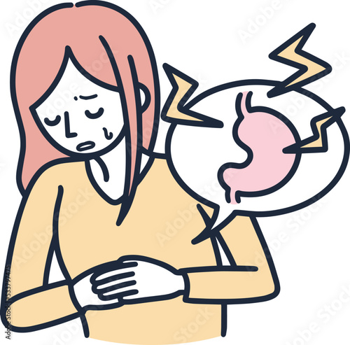胃痛で悩んでいる女性　シンプルイラスト