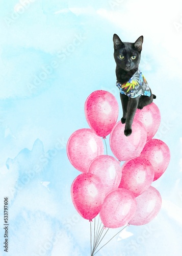 Blank Greeting card with black cat on the balloons floating