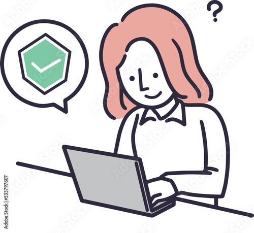 インターネットセキュリティ　パソコン　女性　シンプルイラスト