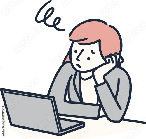 ノートパソコンの前で困り顔の会社員女性　シンプルイラスト