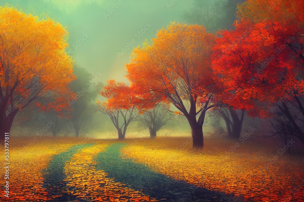 Amazing foggy autumn landscape. Idyllic, peaceful, misty wild nature scenery. Beautiful season fall background. 3D illustration.