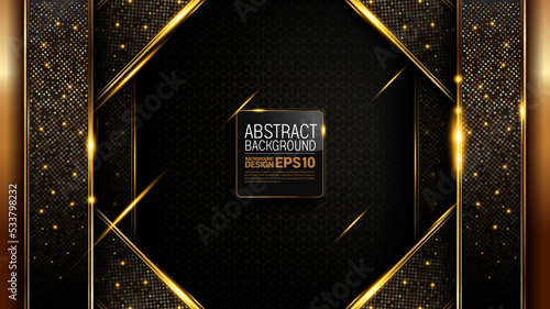 black gold background, luxury image abstract, straight lines overlap layer shadow gradients space composition, 3840 x 2160 monitor size for banner, flyer cover layout, template design