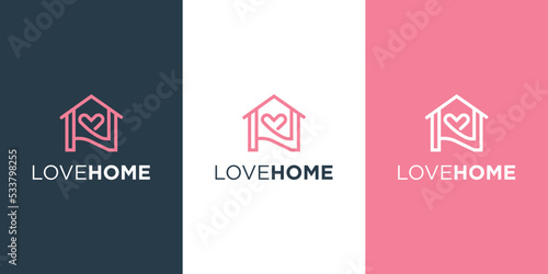 Simple icon of house with heart shape within. House line art shape. Vector symbol logo.