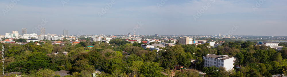 Panorama photo of Mueang District, Khon Kaen Province, Thailand with many trees and buildings
