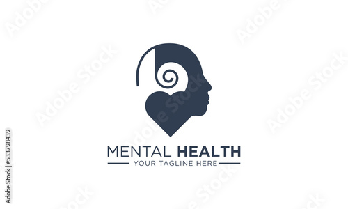Mental health, human head, psychological help, psychiatry concept, therapy course, cognitive development with heart or love shape vector line icon