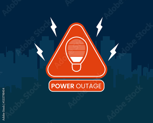 Blackout icon. Power outage web banner has a warning sign with a lightning, bulb lamp symbol, safety tapes, and a night city without electricity.