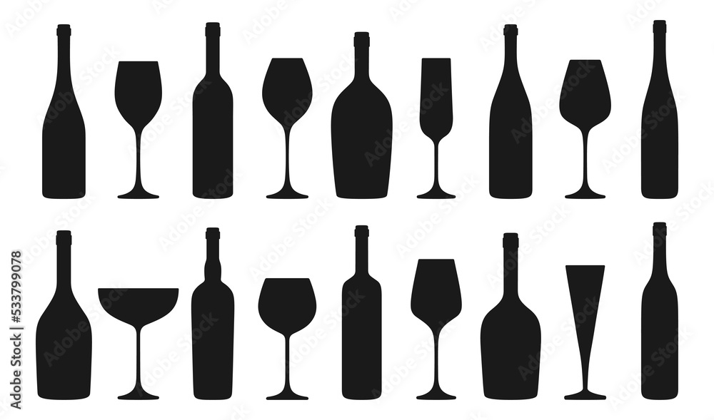 Wineglass and bottle silhouette set. Wine or champagne bottles and glasses liquor alcohol beverages, various shapes. Winemaking alcohol bar, advertisement spirits design for cafe, restaurant vector Wineglass and bottle silhouette set. Wine or champagne bottles and glasses liquor alcohol beverages, various shapes. Winemaking alcohol bar, advertisement spirits design for cafe, restaurant vector