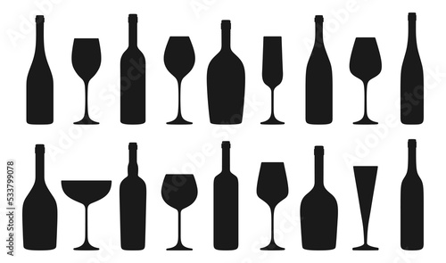 Wineglass and bottle silhouette set. Wine or champagne bottles and glasses liquor alcohol beverages, various shapes. Winemaking alcohol bar, advertisement spirits design for cafe, restaurant vector