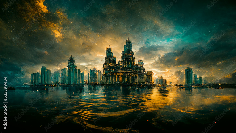 3D rendering. Cityscape of the lost city with dramatic sky. Fantasy background illustration