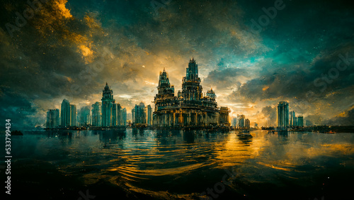3D rendering. Cityscape of the lost city with dramatic sky. Fantasy background illustration © ardanz